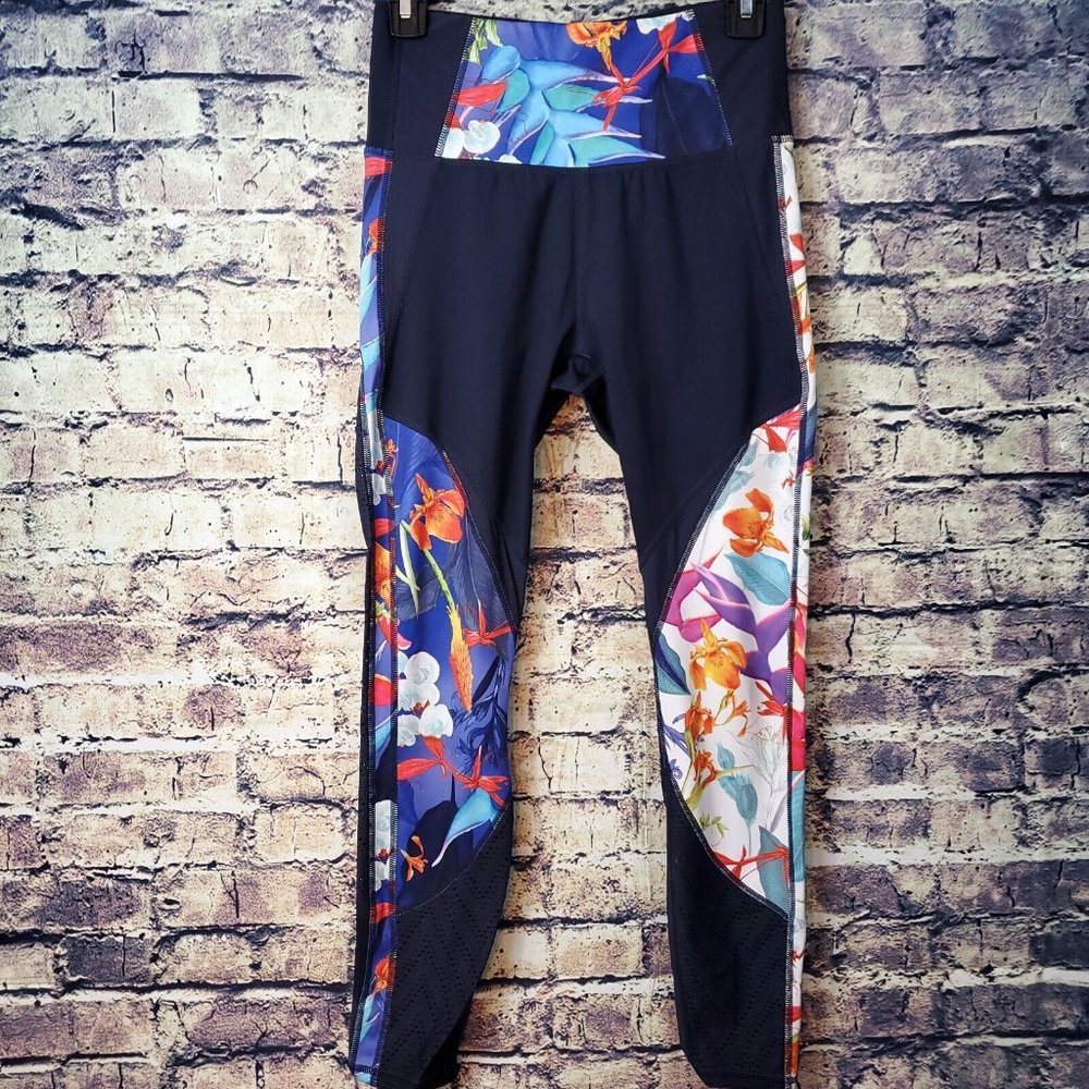 Athleta Navy Blue Multicolor Floral Tropical Precision 7/8 Ankle Tights Size S